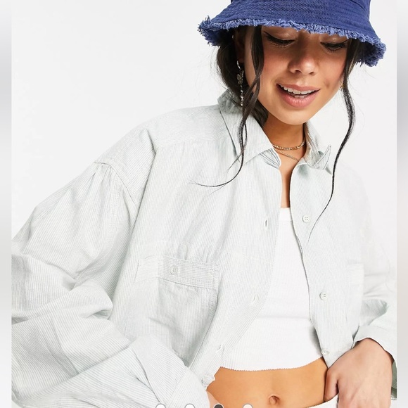 NWT Free People Cardiff Indigo Railroad Stripe Oversized Shirt/Jacket - Picture 5 of 15